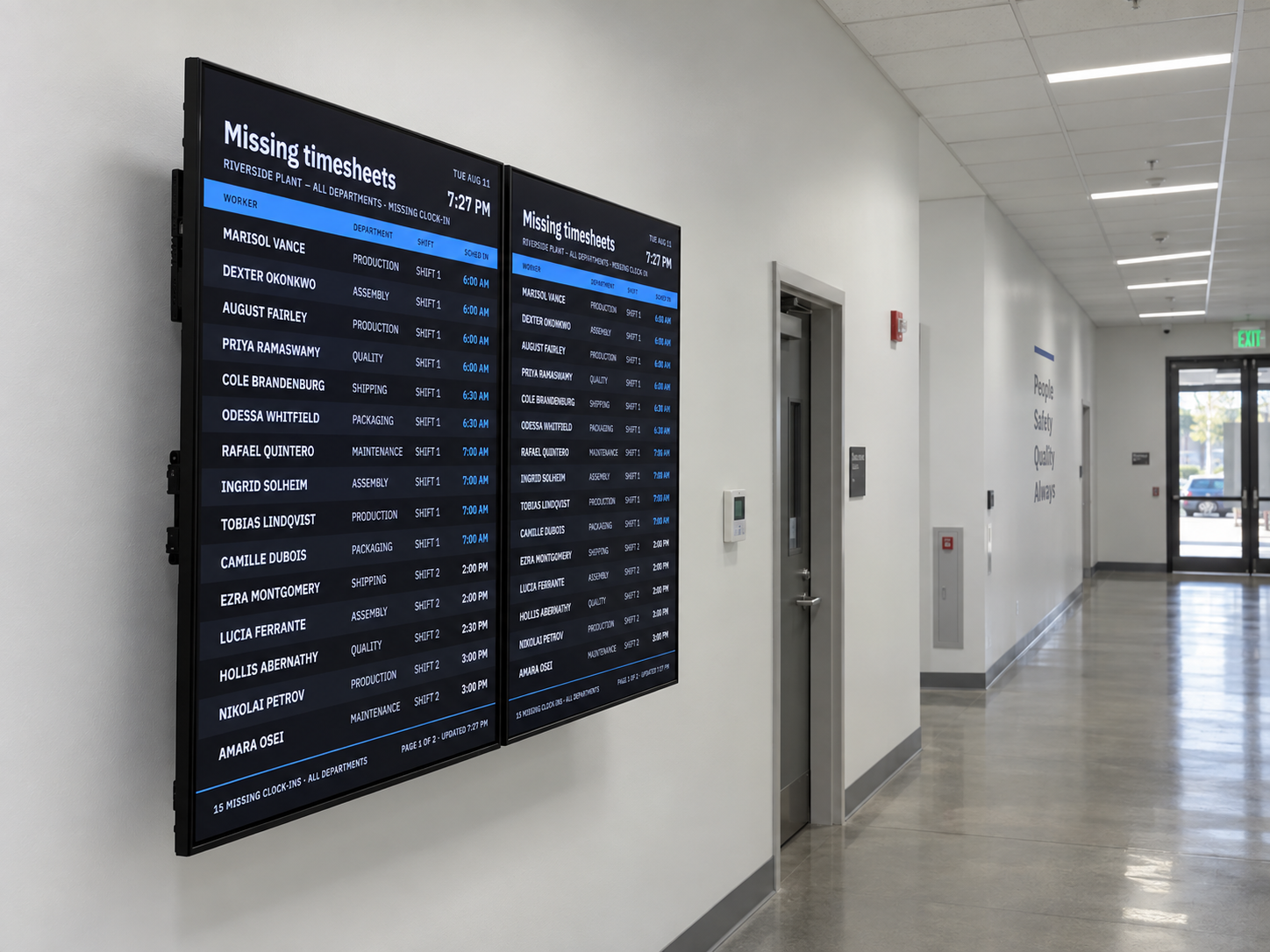 Two wall-mounted displays in a plant hallway showing the missing-timesheets channel