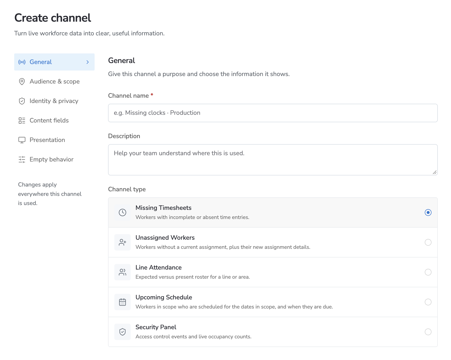 Redesigned channel setup with settings categories from General through Empty behavior