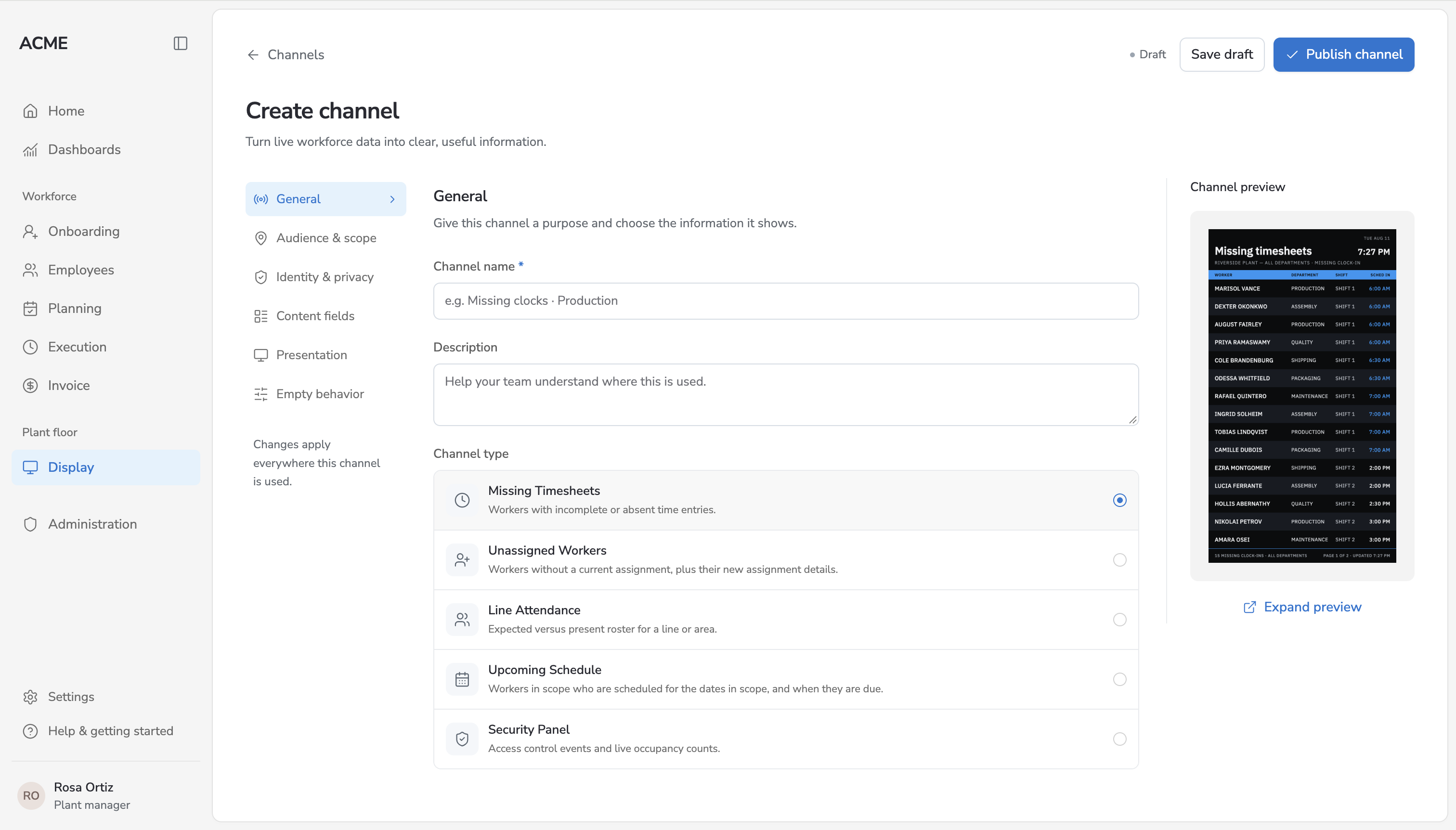 Display CMS: creating a channel, with a live preview of the missing-timesheets board
