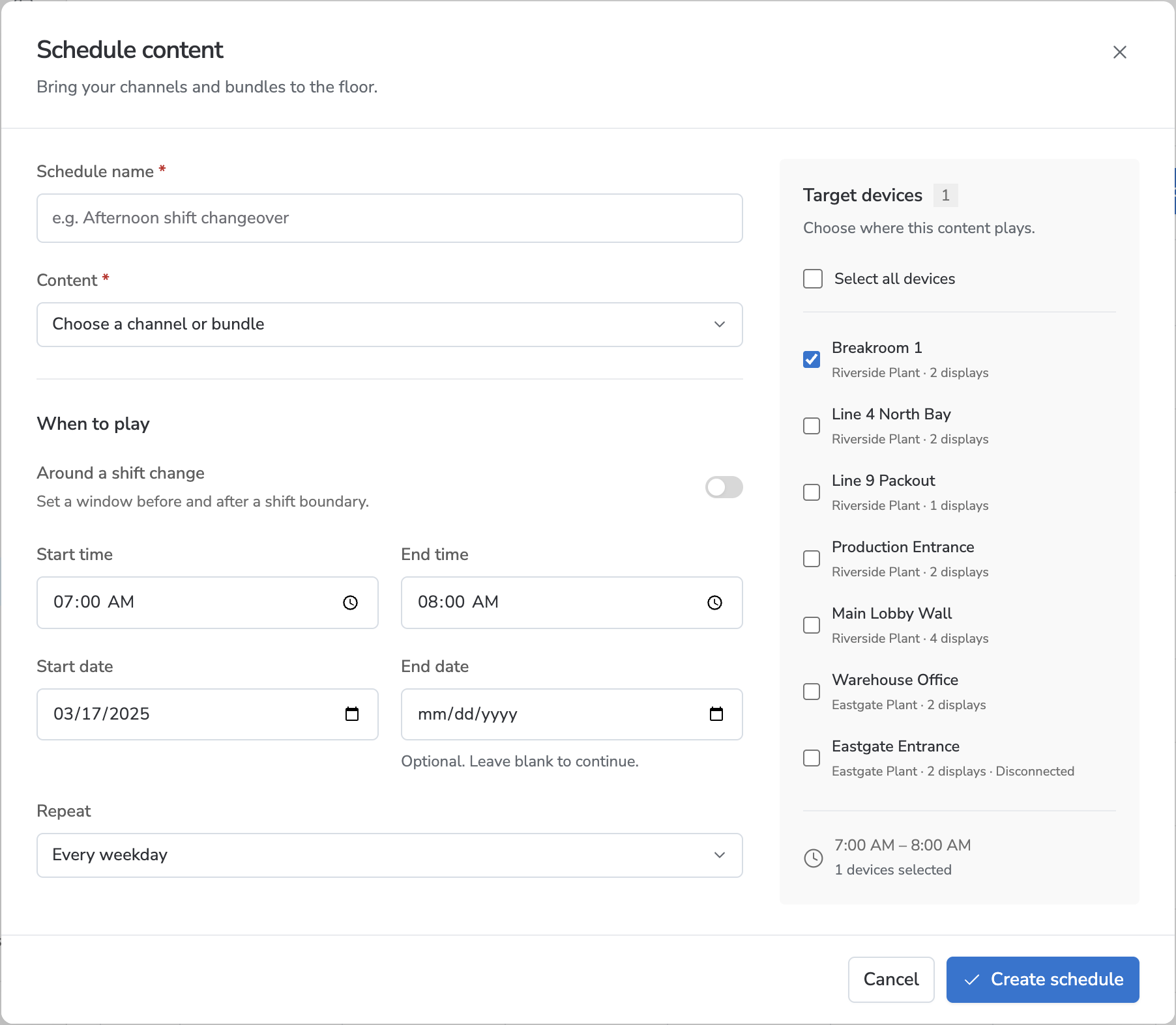 Redesigned scheduling form with a channel or bundle selector and target devices
