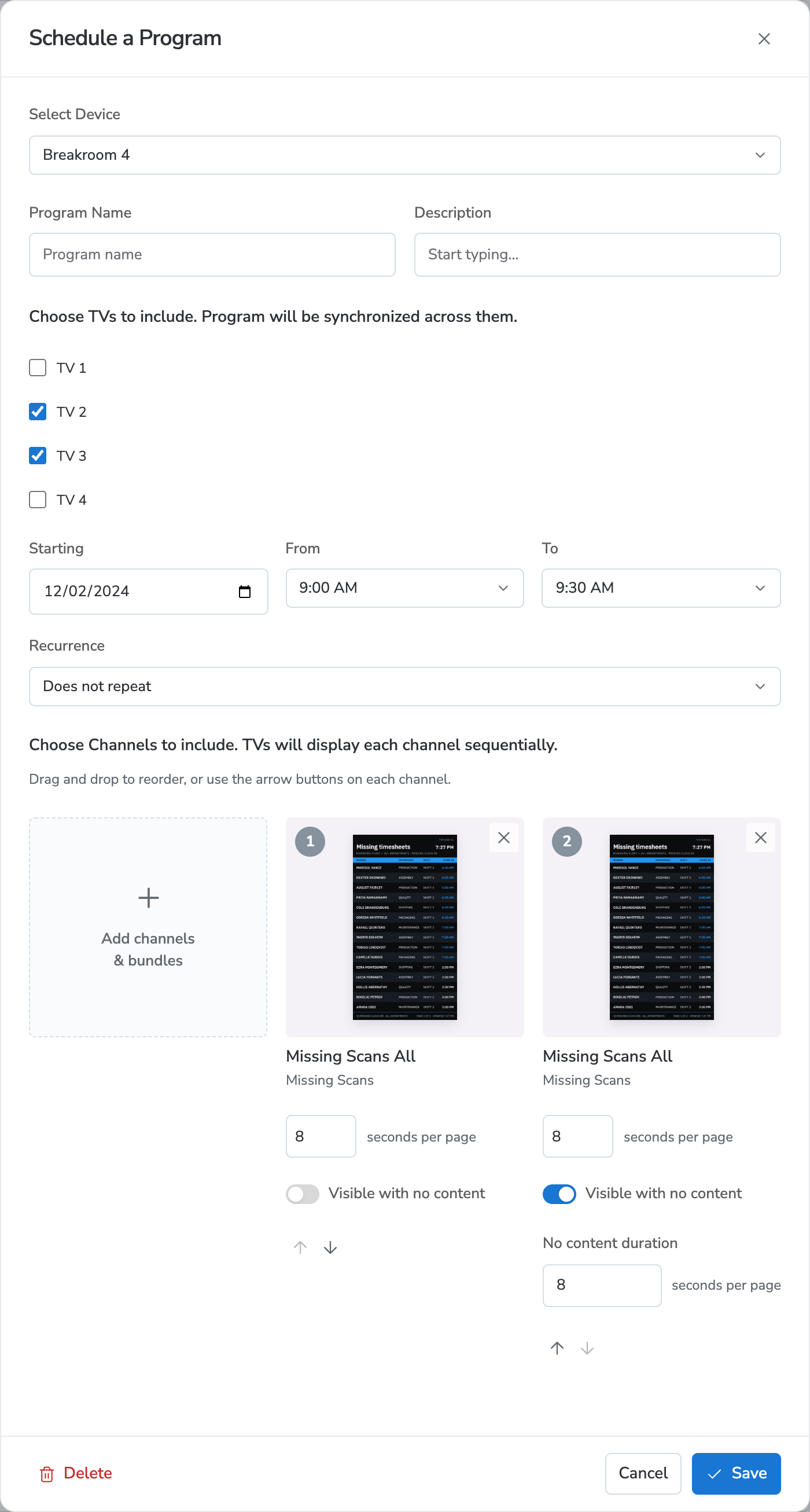 Earlier scheduling form with channel tiles deep in the program setup