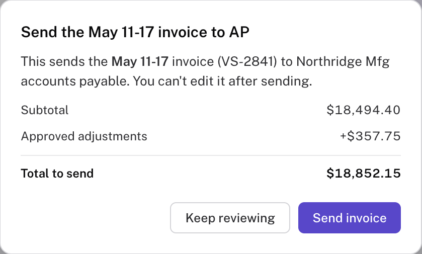 Invoice send confirmation shows subtotal, approved adjustments and total to send