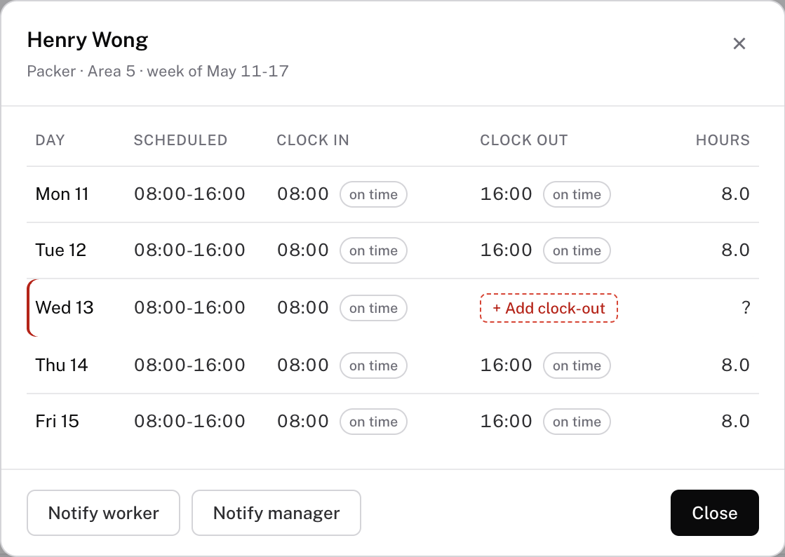 Worker time record opened from invoice review with a missing clock-out visible